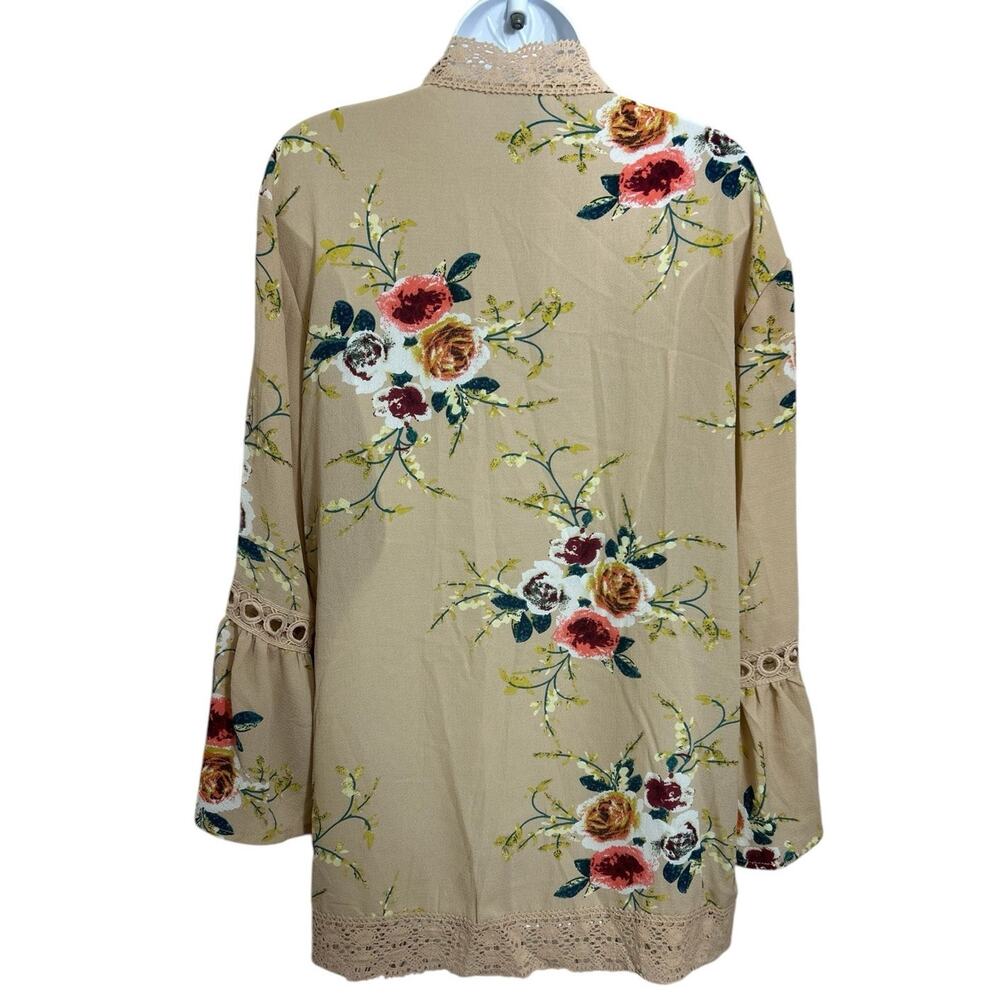 Boho Floral Open Top Size M Crochet Trim Bell Sleeves Tan Long Relaxed Fit - Picture 5 of 6